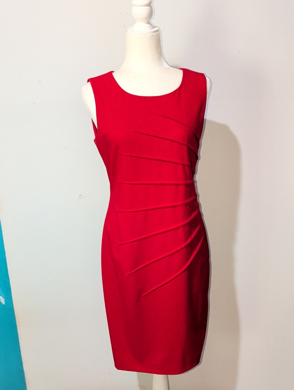 Calvin Klein Red Sleeveless Sheath Dress with Diagonal Pleats